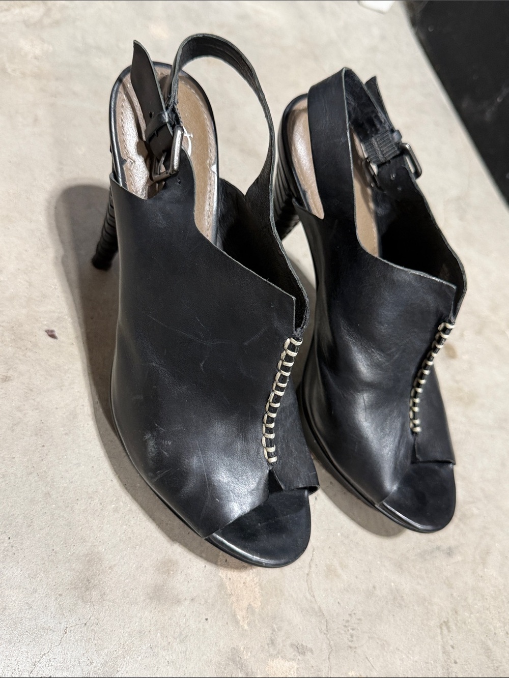 b. makowsky Black Leather Peep-Toe Slingback Heels